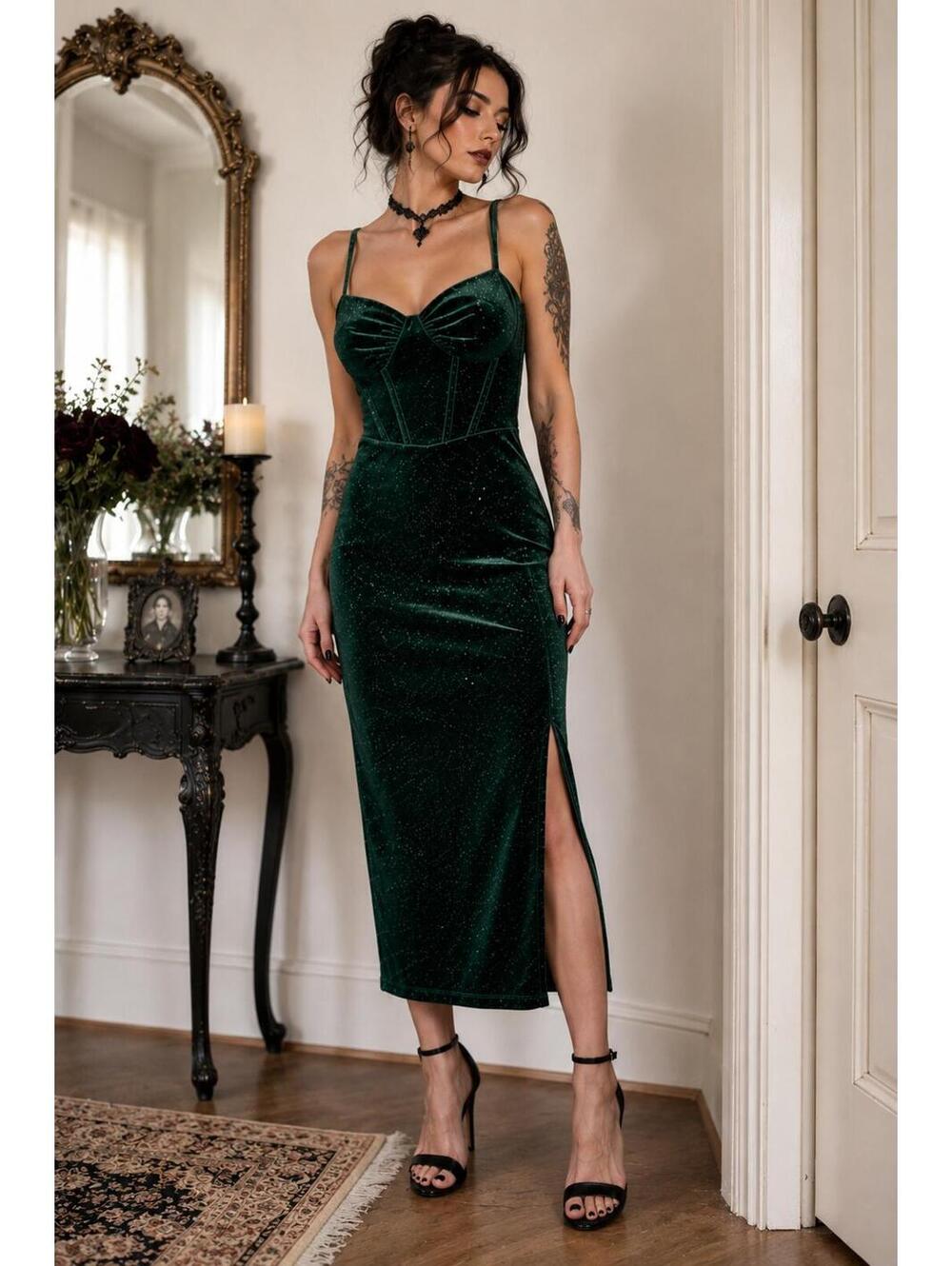 E.L.H Emerald Green Velvet Corset Midi Dress Romantic Goth Dark Feminine M